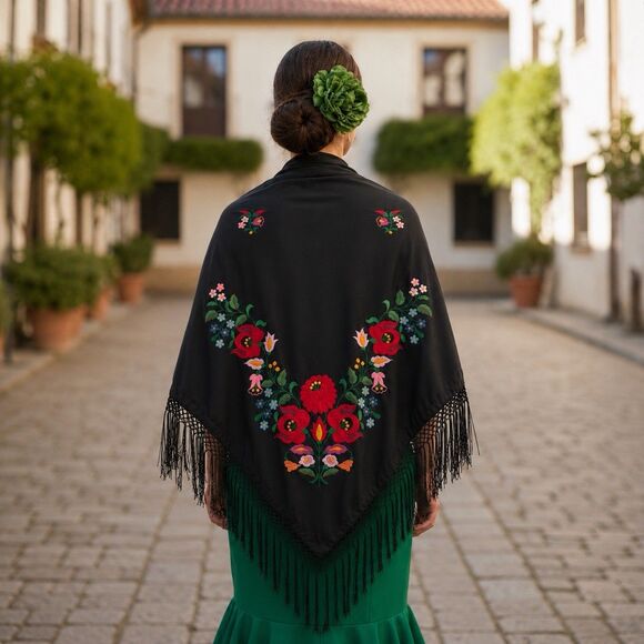Unbranded Accessories - Shawl Black Floral Hand Made Embroidered Fringes New